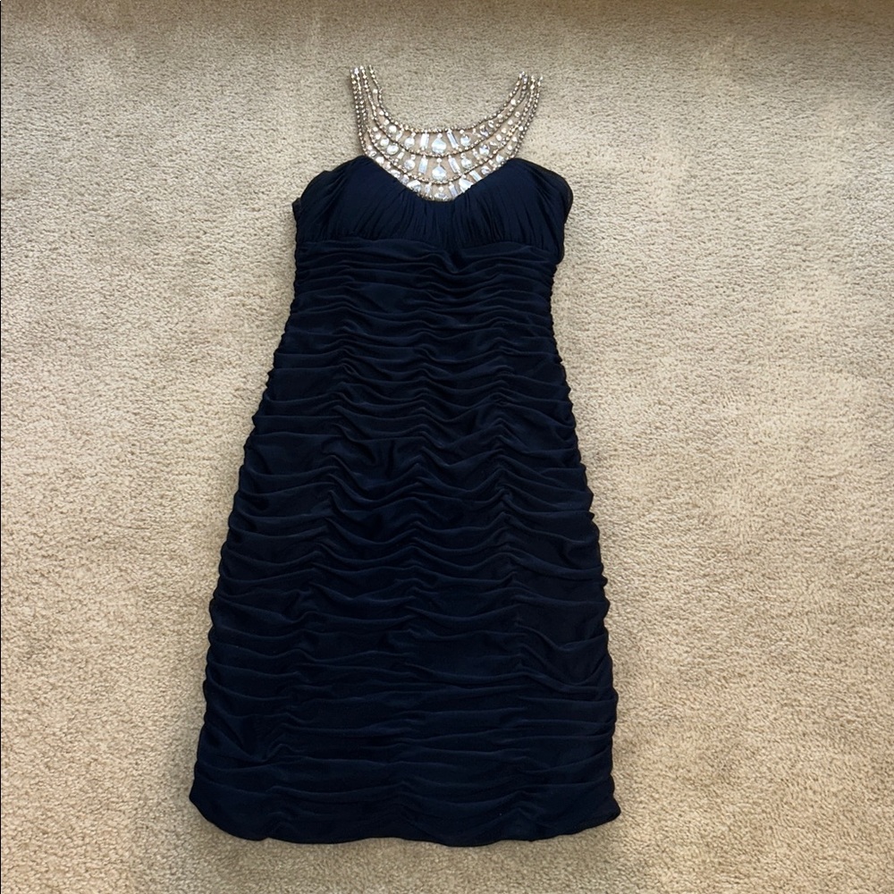 Stunning Xscape navy cocktail Dress with Embellished Neckline. Size 4.